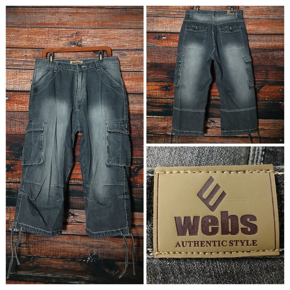 Webs Cargo Jeans 34 Vintage Y2K Baggy Streetwear 100% Cotton Capri Black Denim